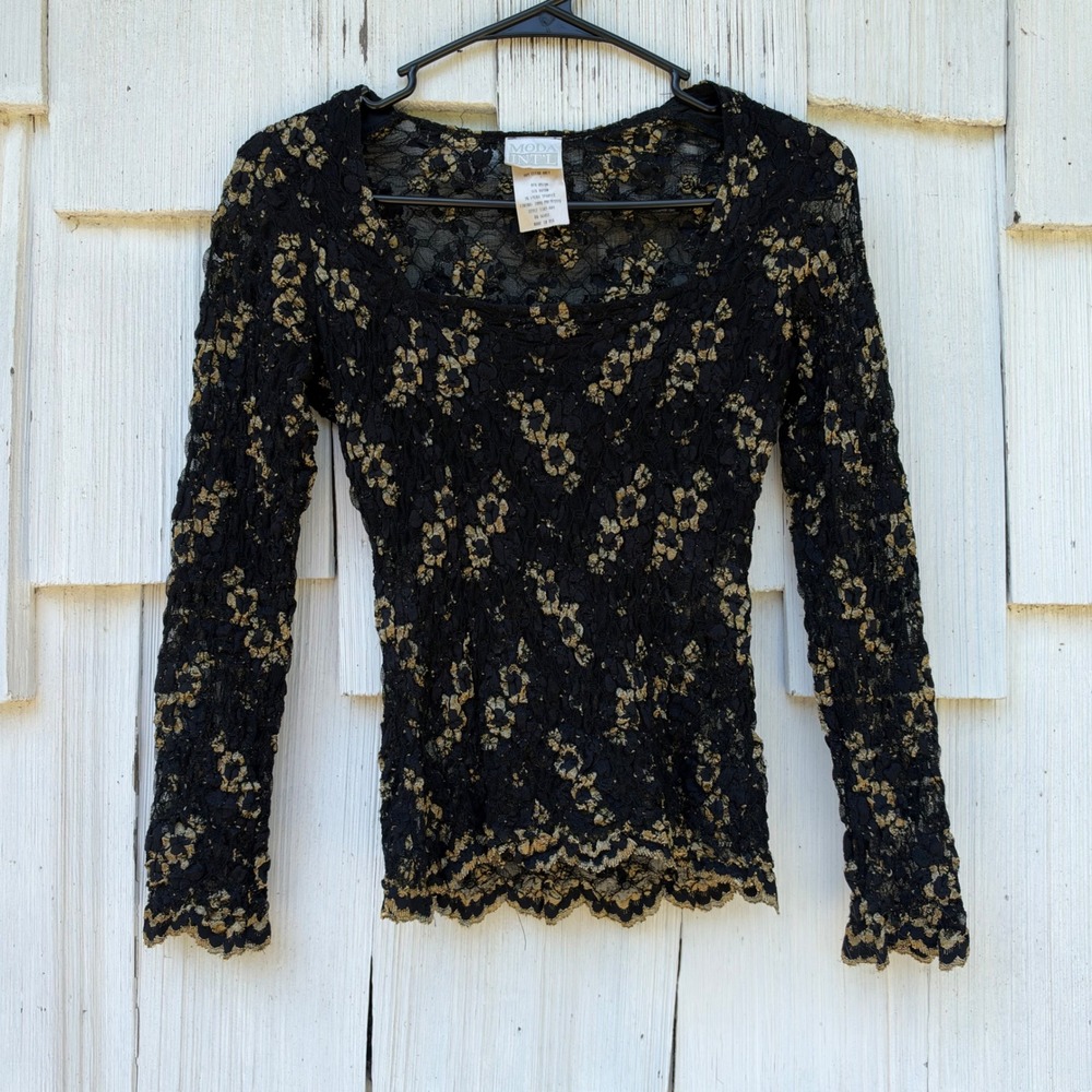 Moda International Vintage Y2K Black Gold Floral Lace Square Neck Top USA Made S